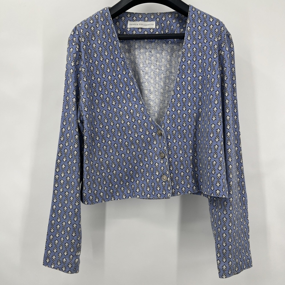 Vtg 80s Dennis Goldsmith Sm Periwinkle V-Neck Button Top Cotton Block Print Cozy
